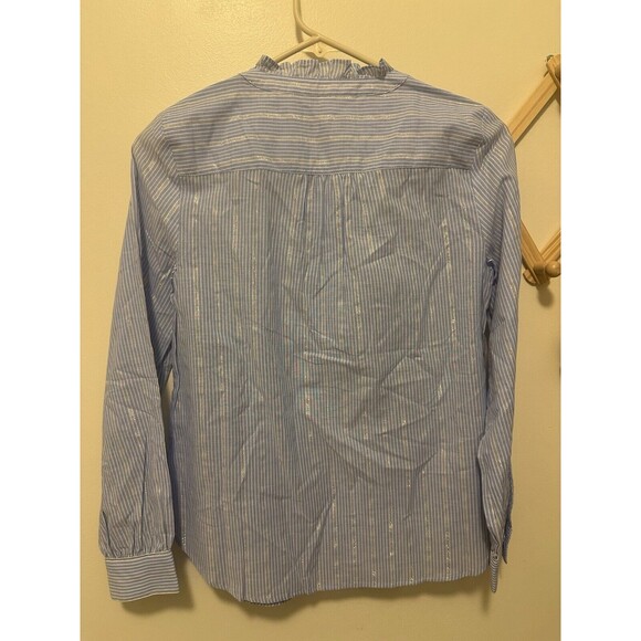 NWT PP Talbots Blue Striped Ruffle-Trim Cotton Metallic Blend Blouse Petite - Picture 3 of 4